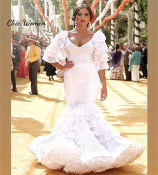 Elegantný Flamenca Morská Víla Svadobné Šaty 2023 Krátky Rukáv Viazané Volánikmi Záhrada Cigán Keltské Záhrada, Vonkajšie Svadobné Šaty Vintage
