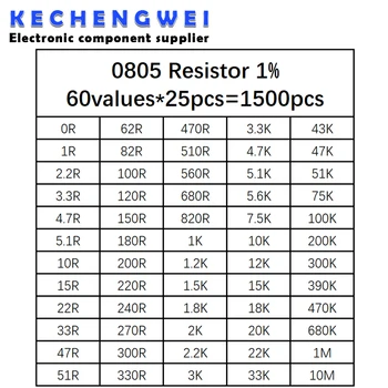 0805 SMD Rezistora Auta Najrôznejších Kit 1 ohm-10M ohm 1% 60values*25pcs=1500pcs Vzorky Auta