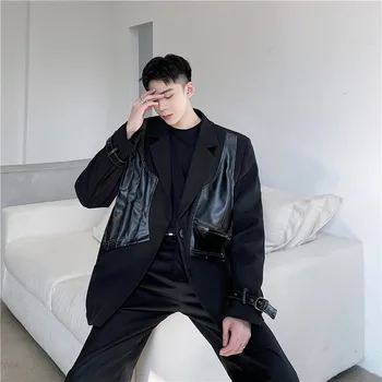 2022 Jeseň kórejský štýl Jedinečný šitie PU dizajn vyhovovali mužov príležitostné voľné čierny oblek pre mužov, M-XXL