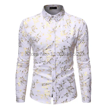 2022 Luxusné Zlaté Kvetinový Tlač Pánske Šaty, Košele Biele Tričko Mužov Slim Fit Dlhý Rukáv Košieľka Homme Streetwear Havajské Košele Muž