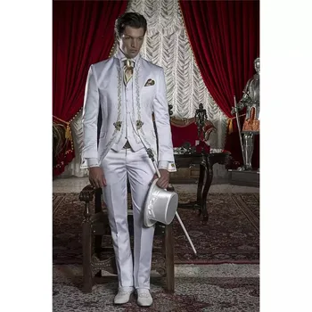 2022 Výšivky Groomsmen Mandarin Klope Ženícha Tuxedos Biely Muži Obleky, Svadobné/Prom Najlepší Muž Sako (Bunda+Nohavice+Vesta)