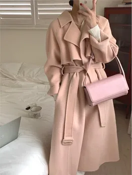 2022 Ženy Elegantný Dlhý Rukáv Vlnené Kabáty Žena Jednoduché Tuhej Zime Teplý Kabát S Pásom Office Lady Kórejský Coats