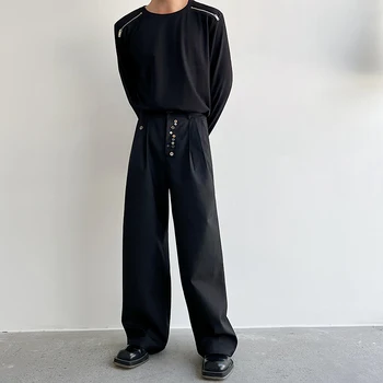 2023Casual Voľné Tlačidlo Mužov Vyhovovali Muž Dekorácie Nohavice Japonsko kórejská Čistý Celebrity Streetwear Módy Zobraziť Čierne Rovné Nohavice