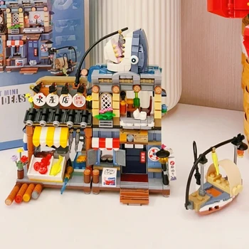 3D Model DIY Mini Kvádrov, Tehál, Budovy, Ulice Mesta Žralokov, morských Plodov, Obchod, Reštaurácia Ryby Loď Architektúry Hračka pre Deti,