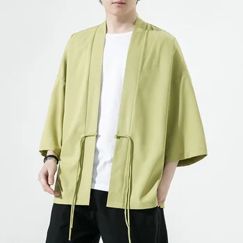 #4254Spring Lete Čierna Biela Zelená Kimono Bunda Muži Tri Štvrtiny Rukáv Cardigan opaľovací Krém Mens Streetwear Bundy A Kabáty