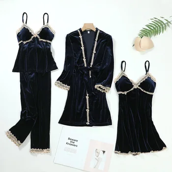 4PCS Pyžamo Vyhovovali Ženy Velvet Sleepwear Intímne Bielizeň Bežné Domáce Oblečenie Odev Jeseň Nové Velúrové oblečenie pre voľný čas Pyžamá