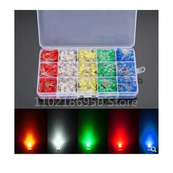 500 kusov F5 5mm LED light-emitting diode box light-emitting trubice, červená, biela, zelená, žltá a modrá, 100 ks / farba