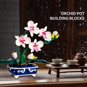 574PCS Orchidea Bonsai Biele kvetináče Stavebné Bloky Ornament Rastlín Zhromaždiť Tehly Hračky, Domáce Dekorácie, Darčeky Pre Priateľa Deti
