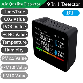 9 v 1 BT Kvality Ovzdušia Monitor CO2 Meter Oxidu Uhličitého Detektor Dátum/Čas TVOC HCHO PM2.5 PM1.0 PM10 Teplota Vlhkosť Tester