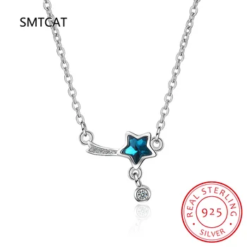 925 Sterling Silver Blue Crystal Star Strapce Reťazca Prívesok Clavicle Náhrdelník Pre Ženy Darček K Narodeninám Jemné 925 Šperky