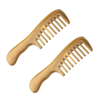 AD-2X Široký Zub Prírodné Santalového dreva Vlasy Prečesať - Žiadne Statické Drevené Detangling Špirála S Hladkými Rukoväť