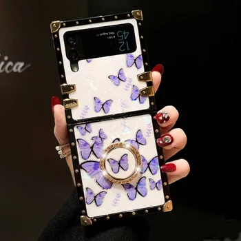 Bling 3D Diamond Motýľ Krúžok Držiak Námestie Telefón puzdro Pre Samsung Galaxy Z Flip 3 4 Pearl Zadný Kryt