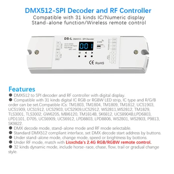 DC5V-24V DMX512 NA SPI Dekodér (s RF) DS-L DC12V TTL ovládač Pre RGB Digital IC WS2811 WS2812 WS2801 Pixel Pásy Svetla