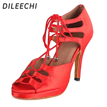 DILEECHI žien latinské tanečné topánky salsa party saténové tanečné topánky Nepremokavé platformu červená čierna bronz podpätku 10 cm tanečné topánky
