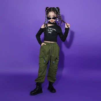 Deti Hip Hop Oblečenie Dlhý Rukáv T Shirt Top Streetwear Cargo Joggers Armády Zelené Nohavice pre Dievča Jazz Tanečných Kostýmov, Šiat