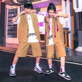 Dieťa Chlapec Hip-hop Dance Performence Nosenie v Lete Nové Khaki bez Rukávov Saka Bunda Voľné Streetwear Šortky Súpravy Oblečenie pre Dievčatá