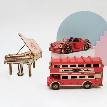 Double-Decker Bus Drevený Model Auta, Troch-Dimenzionální obrazová Skladačka pre Deti, Puzzle Študent Príručka, Intelekt