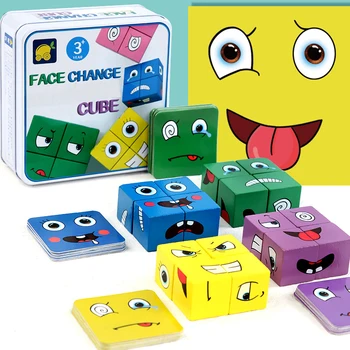 Drevené Tvár-Zmena Výrazu Puzzle Kocky Stolové Hry Deti Montessori Skoro Vzdelávacie Logické Myslenie Interaktívne Hračky Darček