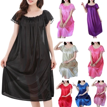 Dámske Letné Čipky Ice Hodváb Nightdress Krátky Rukáv Voľné Plus Veľkosť Nightgown XL