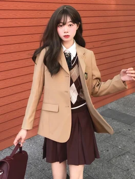 Dámy Kórejský Školskú Uniformu Khaki Sako Bunda Japonská High School Rovnomernú Vrstvu Farby Školské Oblečenie Dievča Študentov Dlhá Bunda