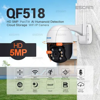 ESCAM QF518 5MP Pan/Tilt AI Humanoidný Detekcie Auto Tracking Cloud Storage WiFi IP Kamera s obojsmerné Audio Nočné Videnie