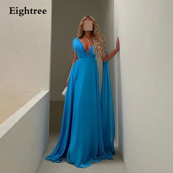 Eightree Modré Šaty Ples Dlho Line Výstrih Vintage Satin Vestidos De Fiesta Elegantes Para Mujer 2023 Saudská Arábia