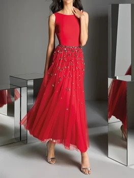 Elegantné Červené Prom Šaty s Korálky, Flitre Členok Dĺžka Strany Šaty