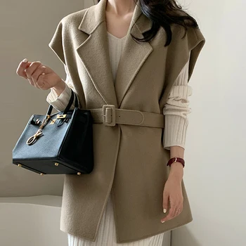 Elegantný Francúzsky Jeseň Zimné Kabáty Femme Vintage High-End S Drážkou Obväz Pás Vesta Elegantné Tenké Obojstranné Vlnené Sako
