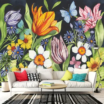 Európsky štýl maľované záhradné kvety，Prispôsobený 3D nástenná maľba detské tapety, samolepiace tapety, obývacia izba, spálňa, s