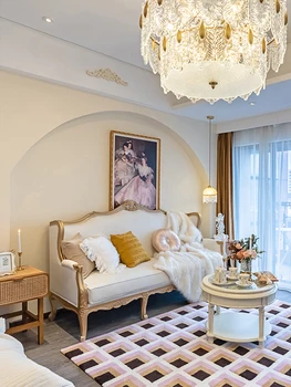 Francúzske retro masívneho dreva, textílie, obývacia izba gauč Európskej vyrezávané high-end svetlo luxusný gauč