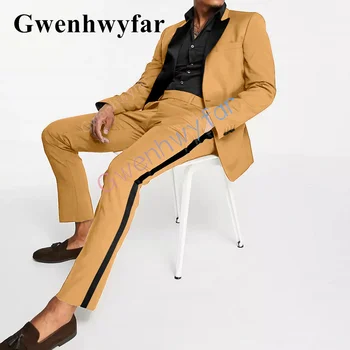 Gwenhwyfar Trend, Nový Štýl, pánske Oblek Ženícha Smoking Podnikanie Mužov Bežné Vyhovovali Prom Žltej Farby Dve Dielna Sada