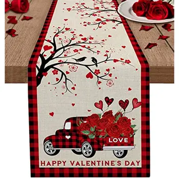 Happy Valentines Day Bielizeň Stôl Runner Svadobné Dekor Rose Truck Srdce Strom Dinding Stôl Runner Holiday Party Dekorácie