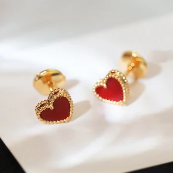 Hot predaj nových rose gold červený achát tvare srdca náušnice pre ženy, Sladké a minimalistický Strany Luxusné značky šperky, darčeky