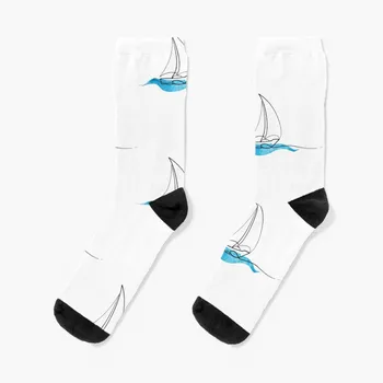 Hydro Banky nálepku - ocean modrá akvarel vlny a plachetnici | Line art Ponožky luxusné ponožky obyčajné ponožky mužov