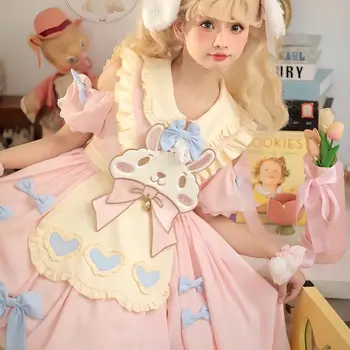 Japonský Kawaii Lolita OP Šaty Žien Sladké Luk Cartoon Bunny Vzor Mimo Rameno Krátke Rukáv Šaty Dievčatá Harajuku Oblečenie