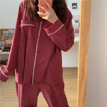 Japonský Pajama Ženy Dlhé Rukávy Jeseň Zima Sleepwear Nastaviť Červenú Kocku Pyžamá Dievčatá Domáce Oblečenie pre Ženy 2021 oblečenie pre voľný čas