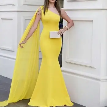 Jedno Rameno Dlhé Večerné Šaty Jednoduché Žlté Satin Prom Party Šaty Elegantné Morská Víla Zvláštne Príležitosti Oblečenie Pre Ženy, Dievčatá