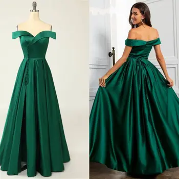 Jednoduchosť Zelená Večerné Šaty Sexy Dlhé Party Šaty Elegantné Saténové Šaty Ples Off-Ramenný Vysokej Štrbinou Formálnej Strany Šaty