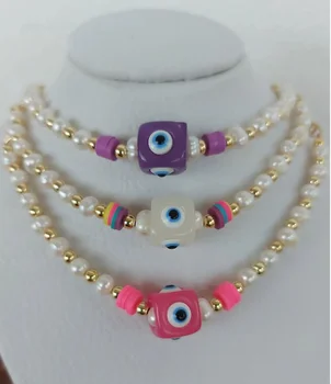 Jednoduchý Štýl Boho Zlé oko, Prírodné Sladkovodné Perly Korálkami Ručne náhrdelník Pre Dievčatá Elegantná Darček
