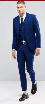 Klasické Modré Zárez Klope Muži Obleky 3 Kusy Custome Homme Nevesty Svadobné Terno Masculino Slim Fit Bunda, Sako+Nohavice+Vesta