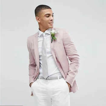 Kostým Homme Ružová Muži Obleky, Biele Nohavice Pre Svadby Ženích Tuxedos Lete Groomsmen Sako Mariage Strana 2 Ks Bežné Trajes