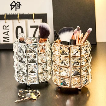 Kozmetické Make-Up Štetec Úložný Box Crystal Držiak Na Pero Luxusné Domáce Dekorácie Tvoria Tools Rack Tabuľka Organizátor Kovové Remeslá
