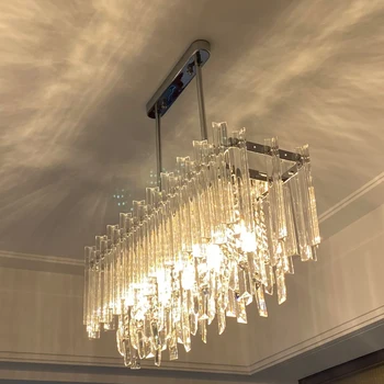 Kreatívne LED Krištáľový Luster pre Jedáleň Moderné 2021 Obdĺžnik Visí Lampa Luxusné Chrome Vnútorné Osvetlenie Kuchyne Lesk