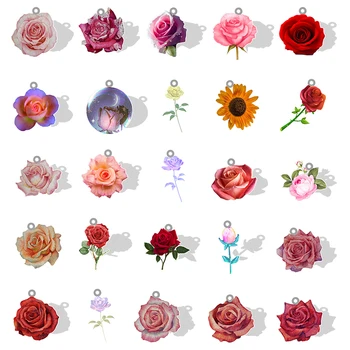Krásne Ruže, Kvety Malé Prívesky, Akrylové Živice S Pokryté 10PCS/veľa Tepla-Shrink Remesiel Dvojité Bočné Ploché QRJ552