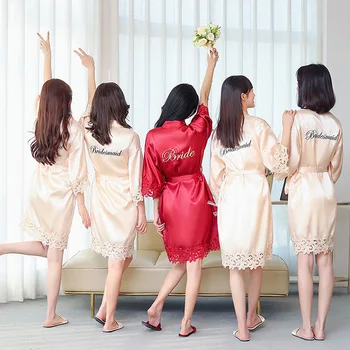 Krátke Ženy Sleepwear Kimono Šaty, Výšivky List Sexy Čipka Odev Domáce Oblečenie Satin Nightgown Intímne Spodná Bielizeň