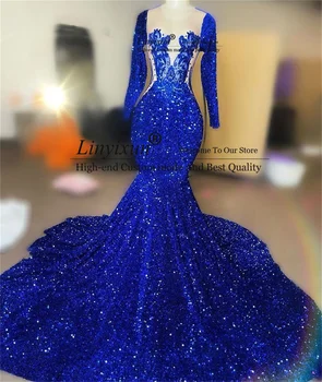 Kráľovská Modrá Flitrami Dlhý Rukáv Prom Šaty Pre Black Dievčatá Elegantnej Čipky Formálne Večerné Šaty Súd Vlak Mermaid Party Šaty