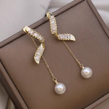 Kórea, Nový Dizajn a Módne Šperky 14K Zlata Plátovaného New York Zirkón Pearl Prívesok Náušnice Elegantné dámske Gala Strany Príslušenstvo