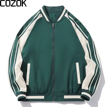 Kórejský Mužov Windbreaker Bunda Patchwork Prúžok Zips Streetwear Harajuku Varsity Jacket Jeseň Bavlna Kabát Baseball Oblečenie