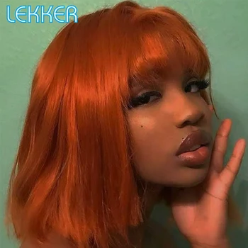 Lekker Orange Zázvor Krátky Rovný Bob Ľudské Vlasy, Parochne Pre Ženy Brazílsky Remy Vlasy Farebné Celý Stroj Vyrobený Parochňa S Ofinou