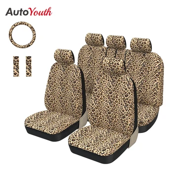 Leopard Tlač Úplný Súbor Auto prestieranie S 2 Pásov Podložky & Univerzálny 15 Palcov Volant, Kryt vhodné na Auto, Nákladné automobily SUV, Van